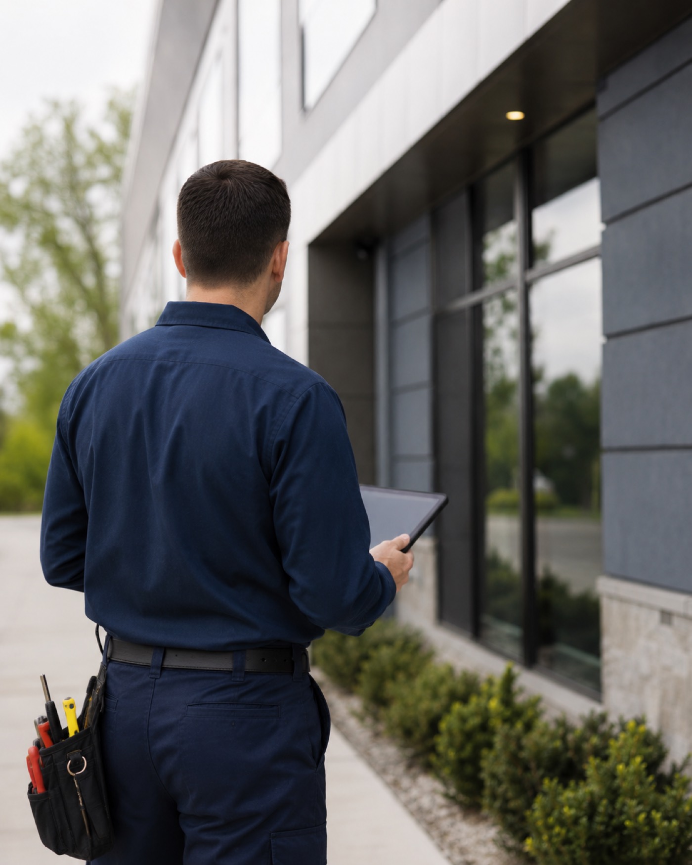 TPMS technician inspecting the exterior of a commercial building with a tablet